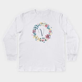 Floral Monogram V Colorful Full Blooms Kids Long Sleeve T-Shirt